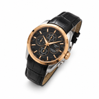 Rose-gold bezel black dial black leather strap Tissot Couturier-style watch on white background