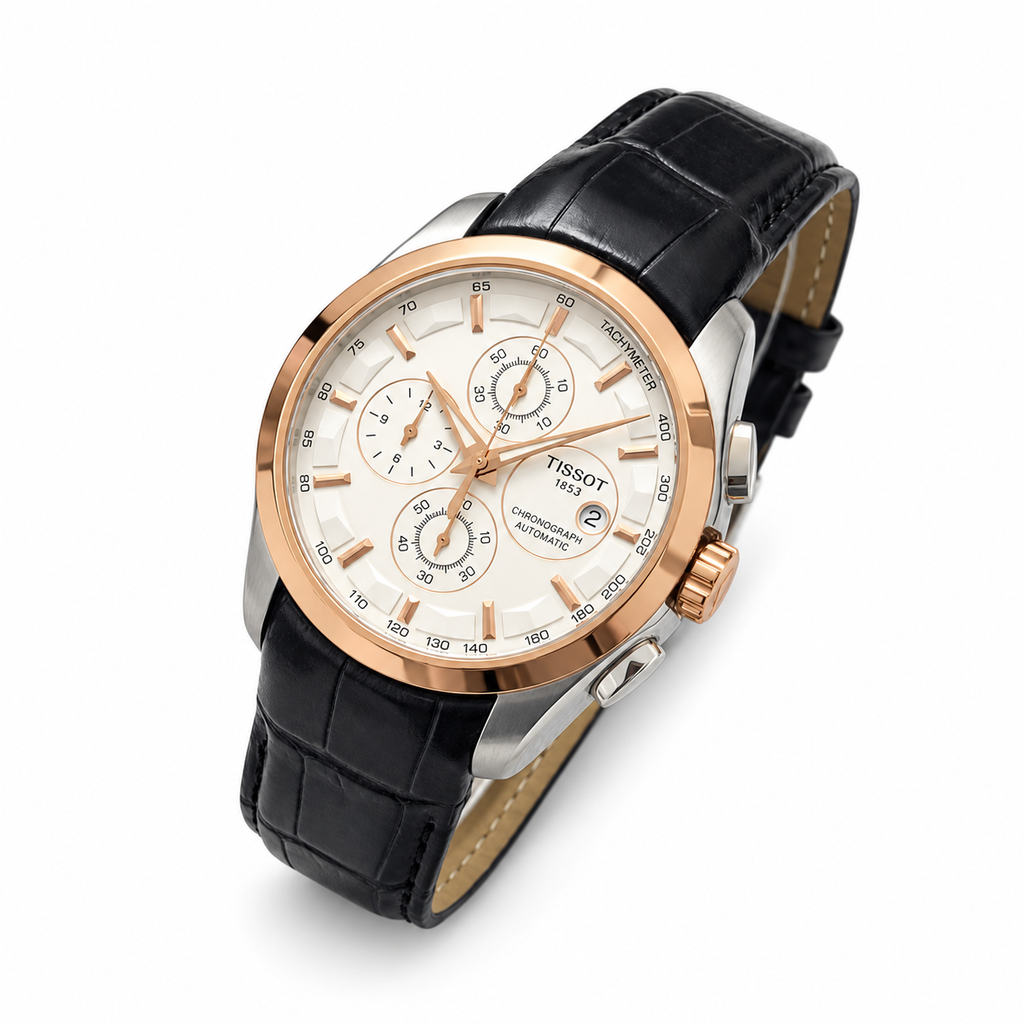 Rose-gold bezel white dial black leather strap Tissot Couturier-style watch on white background