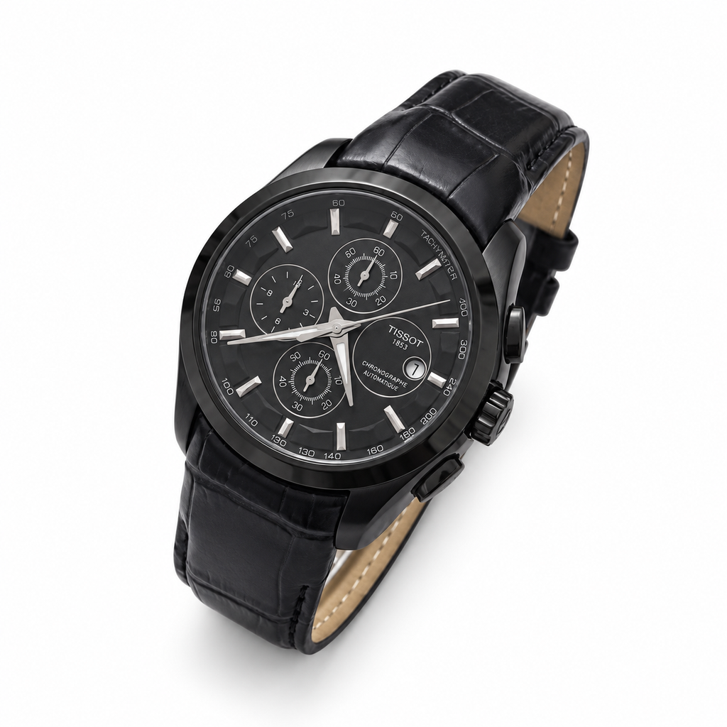 All-black case black dial black leather strap Tissot Couturier-style watch on white background