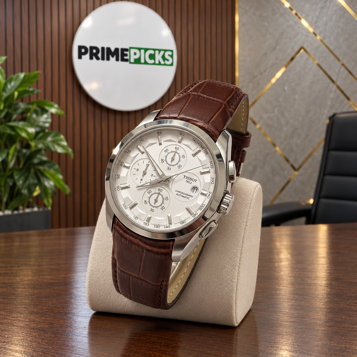 Silver case white dial brown leather strap Tissot Couturier-style watch in PrimePicks office