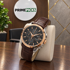 Rose-gold bezel black dial brown leather strap Tissot Couturier-style watch in PrimePicks office
