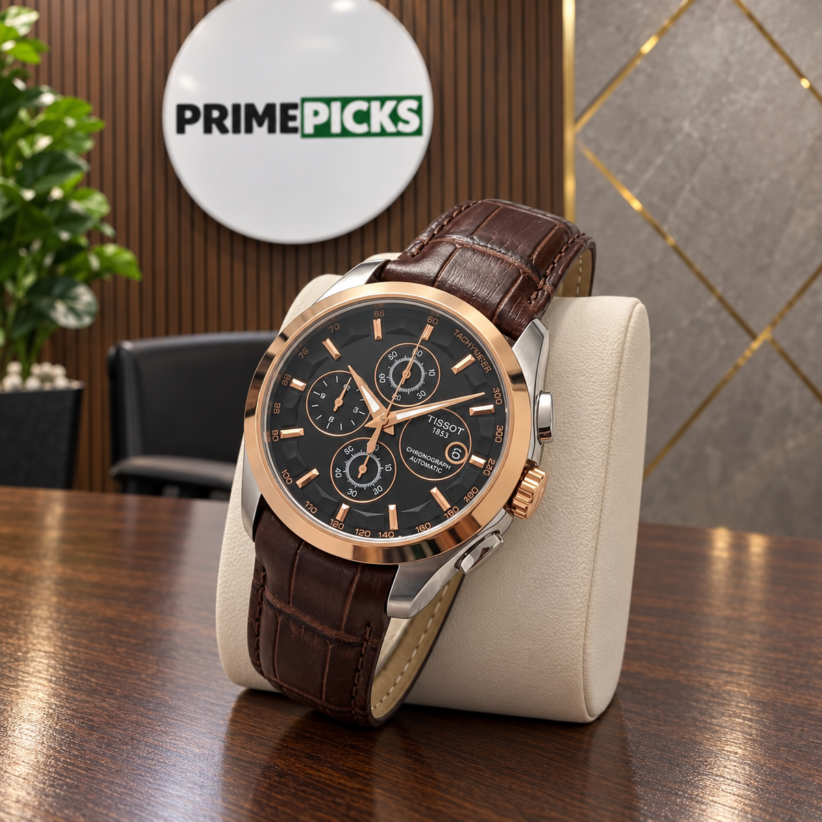 Rose-gold bezel black dial brown leather strap Tissot Couturier-style watch in PrimePicks office