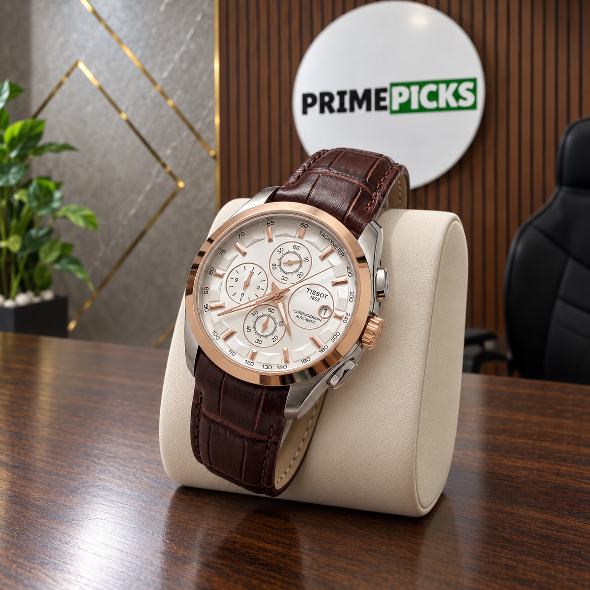 Rose-gold bezel white dial brown leather strap Tissot Couturier-style watch in PrimePicks office