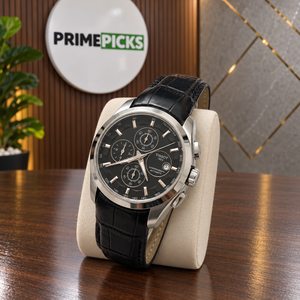Silver case black dial black leather strap Tissot Couturier-style watch in PrimePicks office