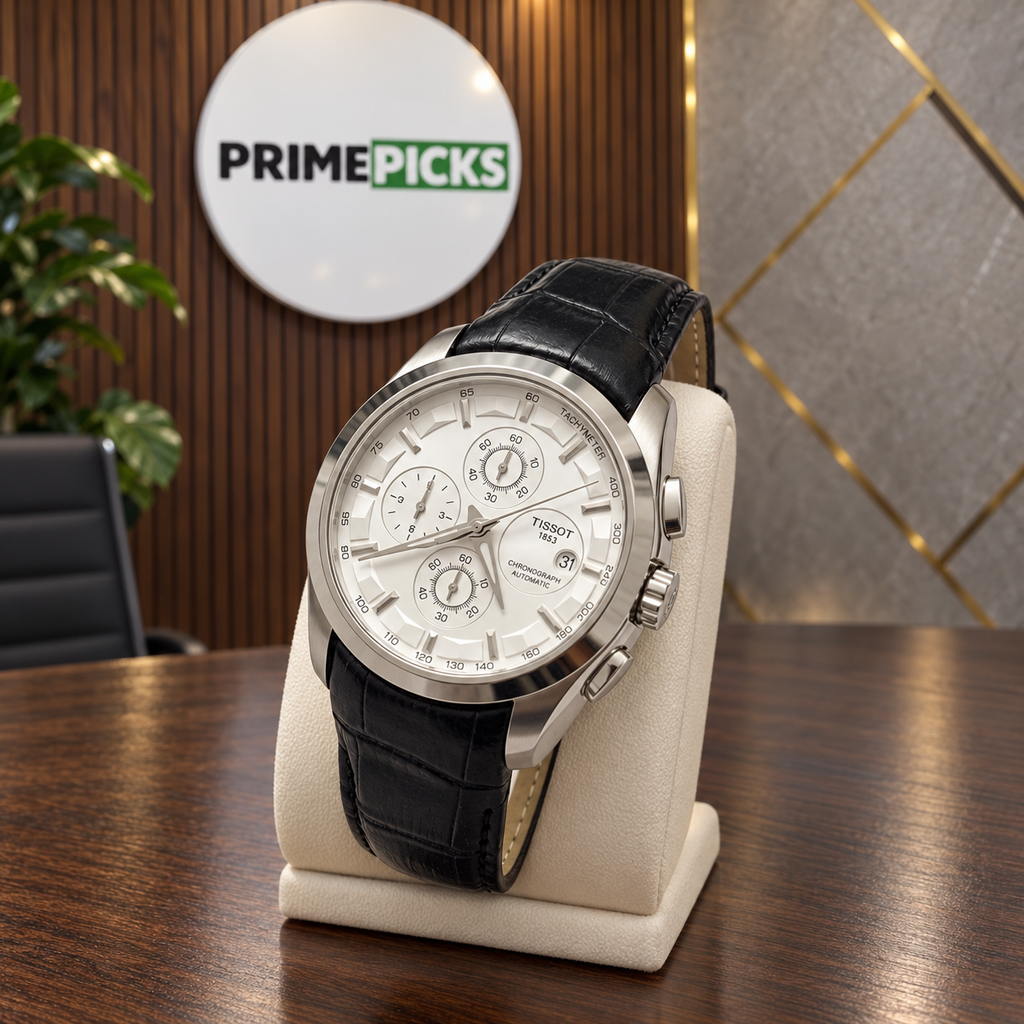 Silver case white dial black leather strap Tissot Couturier-style watch in PrimePicks office