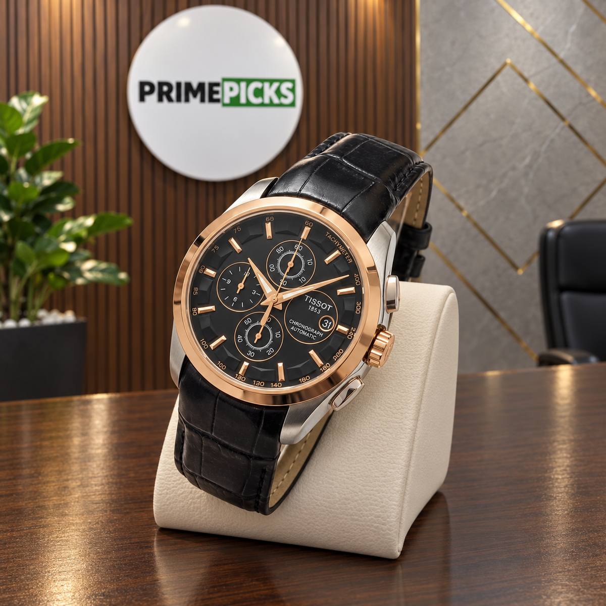 Rose-gold bezel black dial black leather strap Tissot Couturier-style watch in PrimePicks office