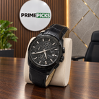 All-black case black dial black leather strap Tissot Couturier-style watch in PrimePicks office