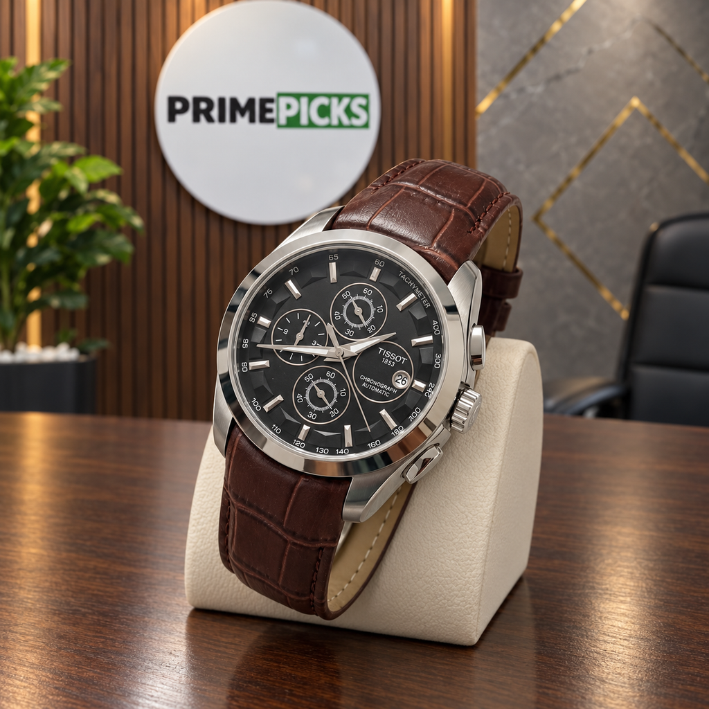Silver case black dial brown leather strap Tissot Couturier-style watch in PrimePicks office