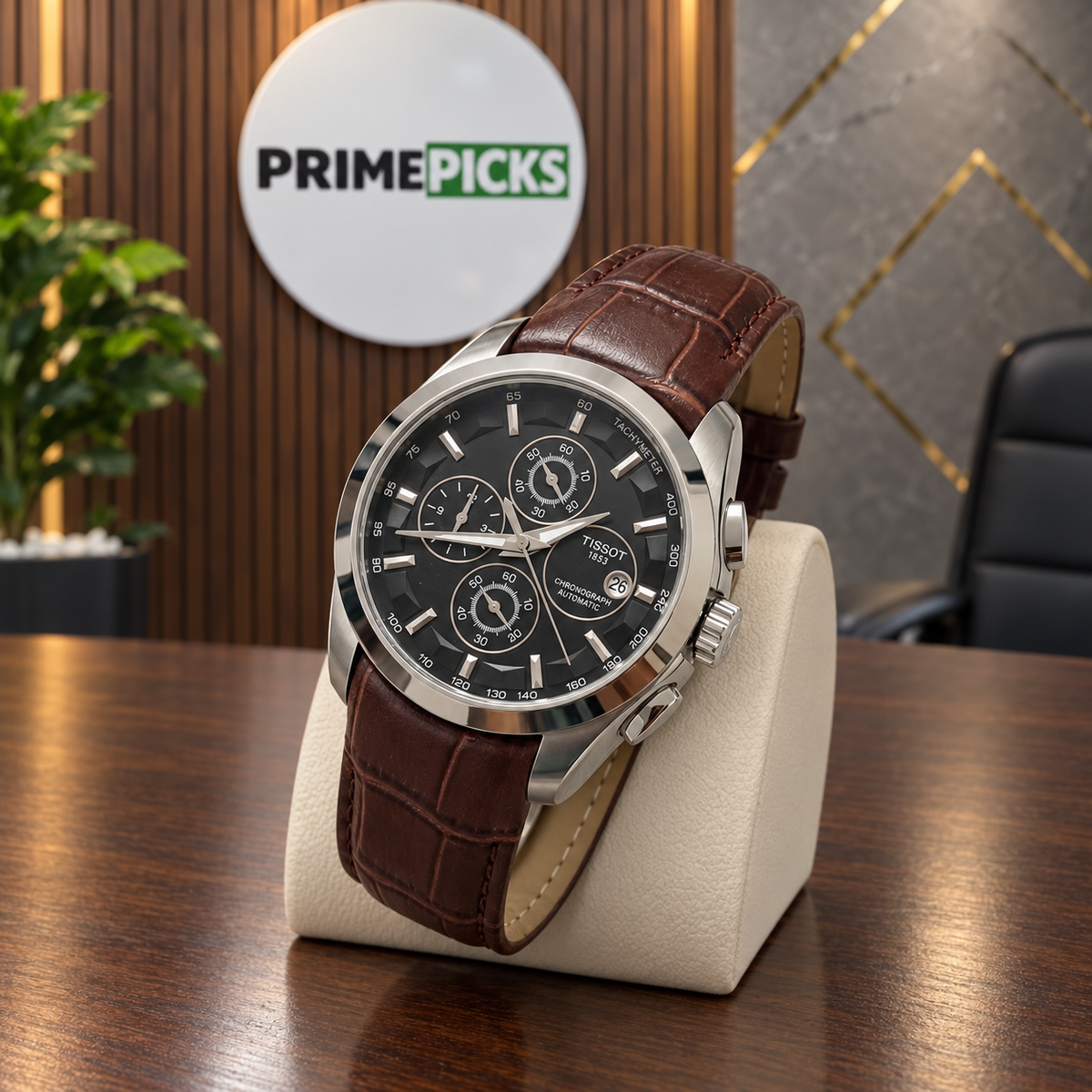 Silver case black dial brown leather strap Tissot Couturier-style watch in PrimePicks office