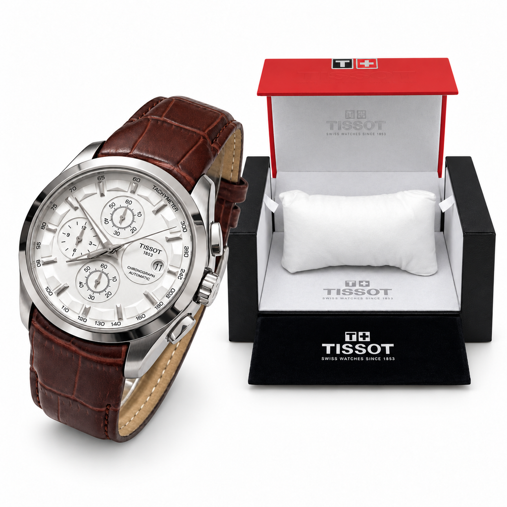Silver case white dial brown strap watch with matching OG box