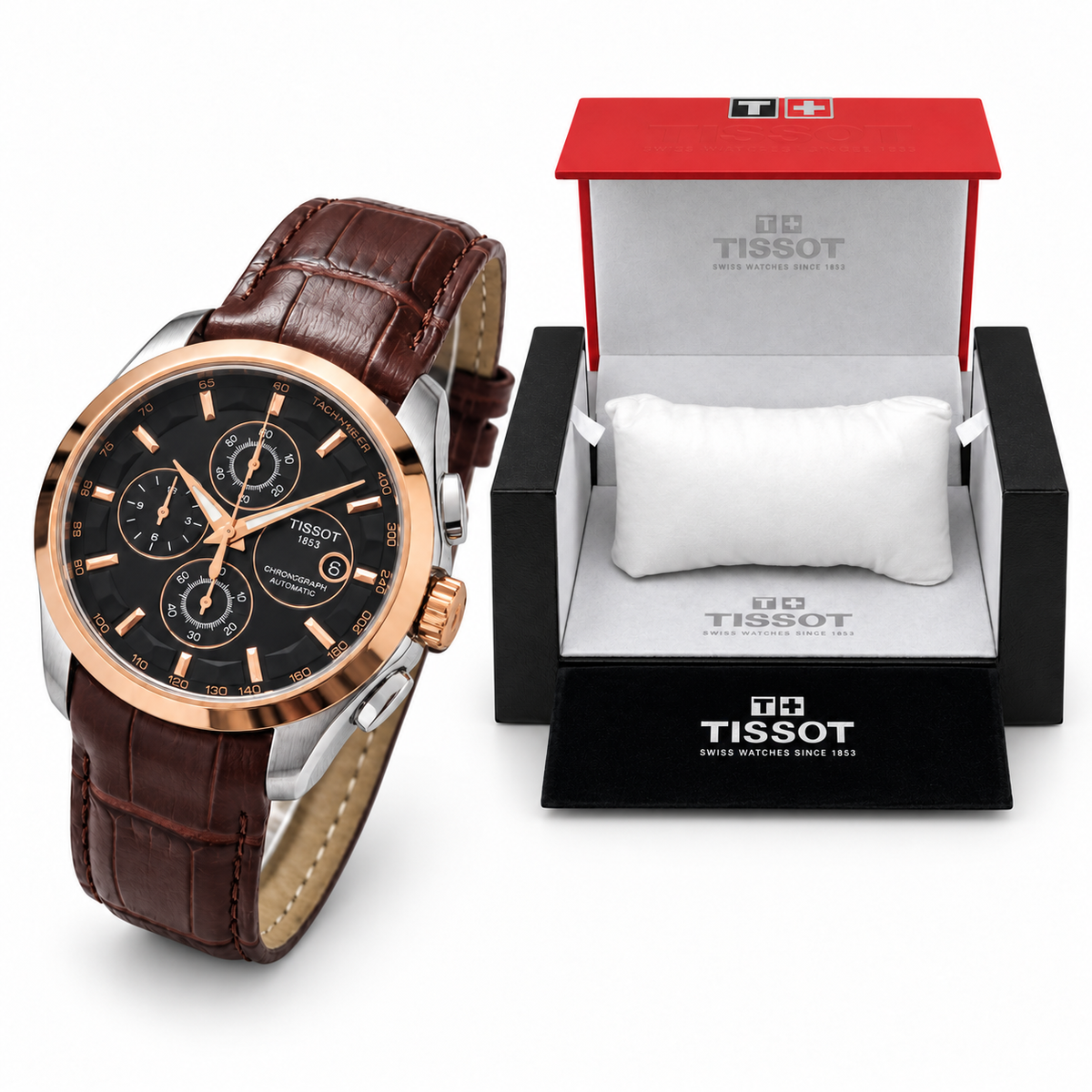 Rose-gold bezel black dial brown strap watch with matching OG box