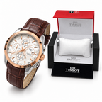 Rose-gold bezel white dial brown strap watch with matching OG box