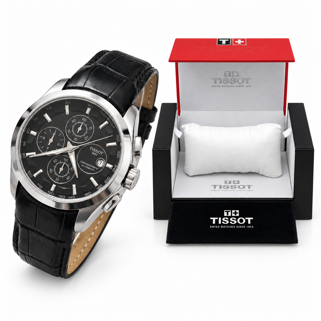 Silver case black dial black strap watch with matching OG box
