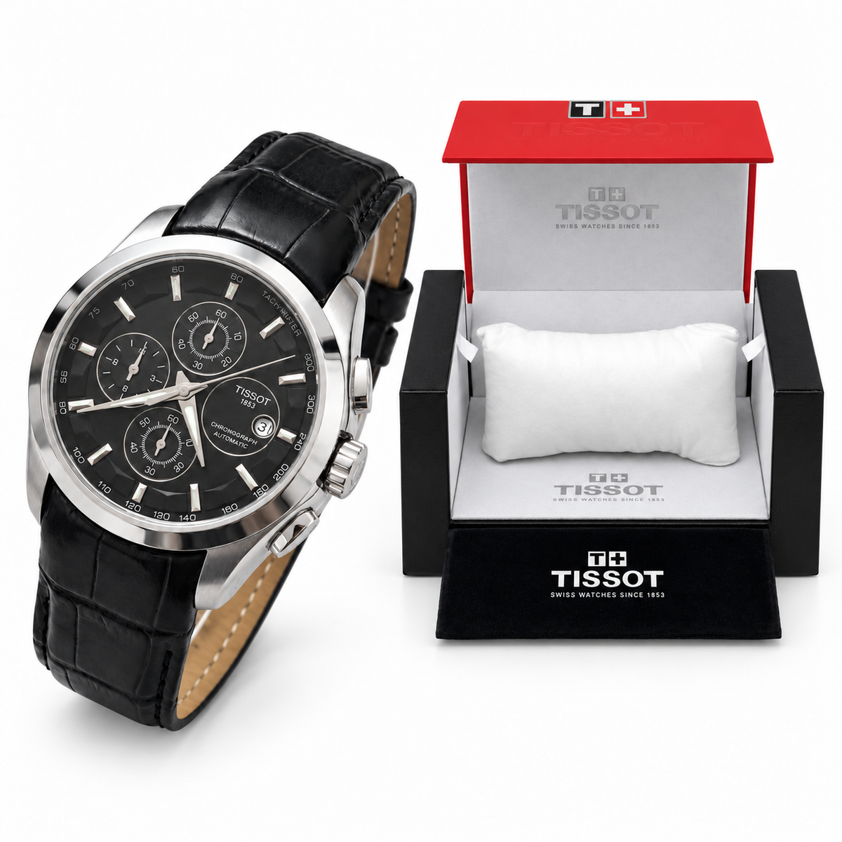 Silver case black dial black strap watch with matching OG box