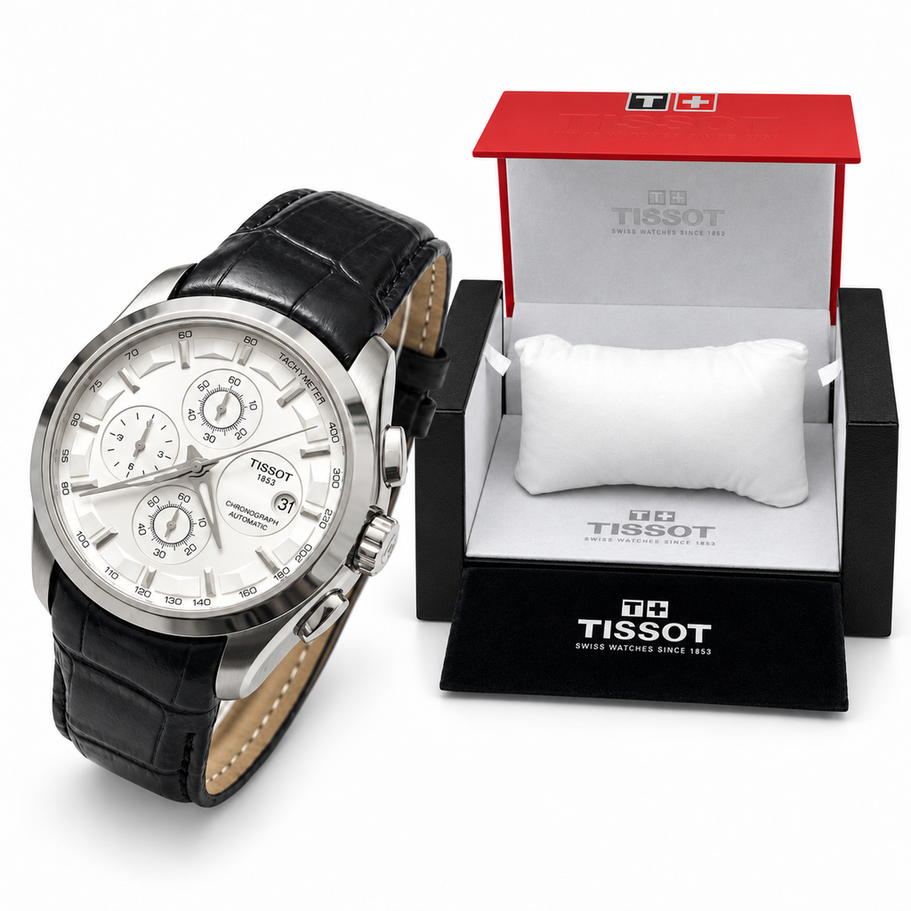 Silver case white dial black strap watch with matching OG box