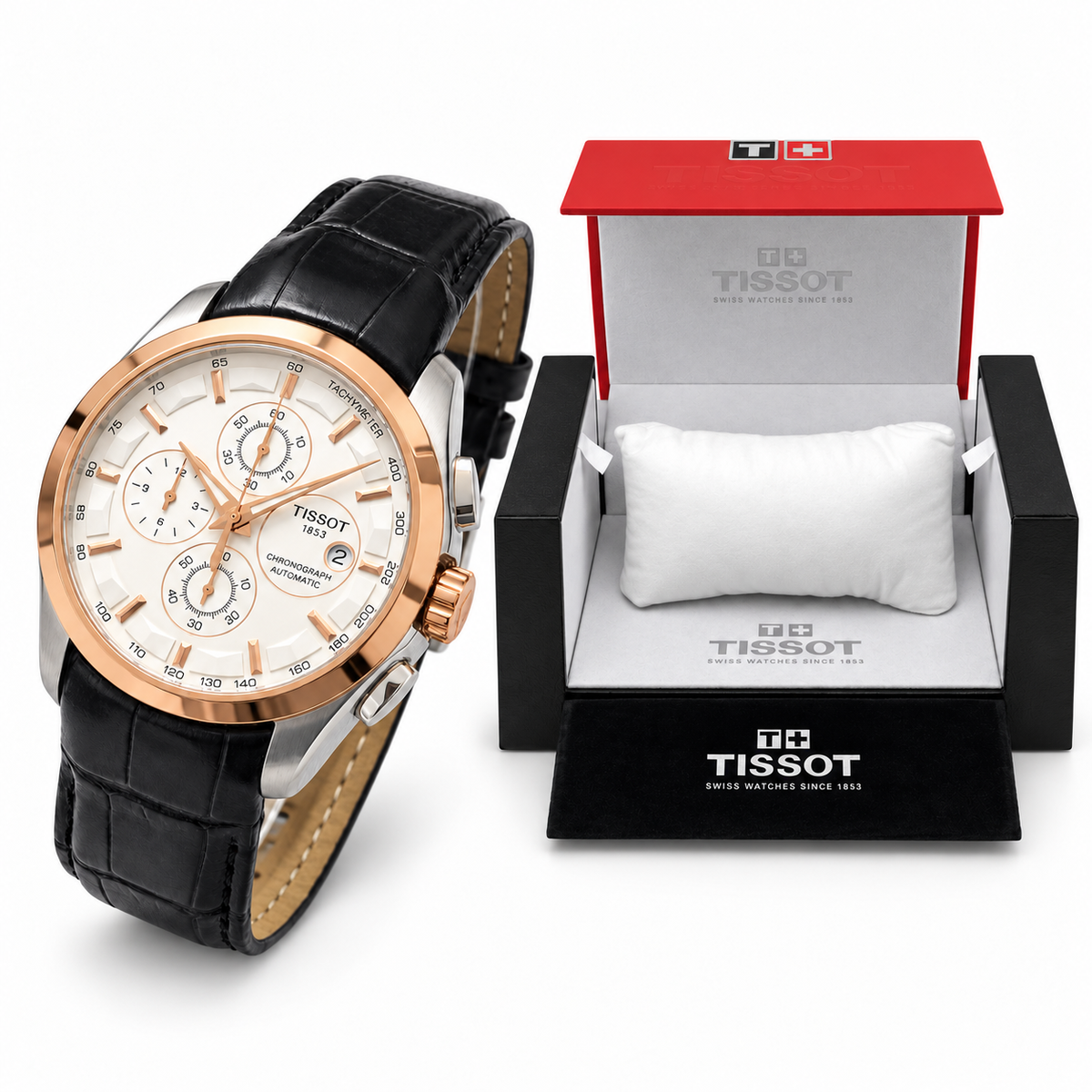 Rose-gold bezel white dial black strap watch with matching OG box