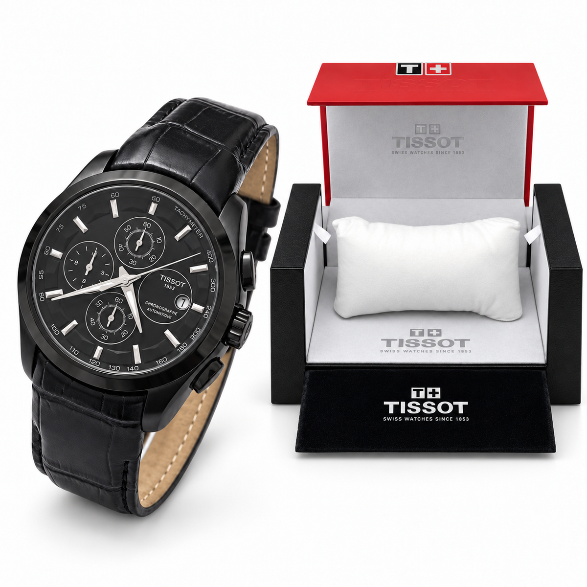 All-black case black dial black strap watch with matching OG box