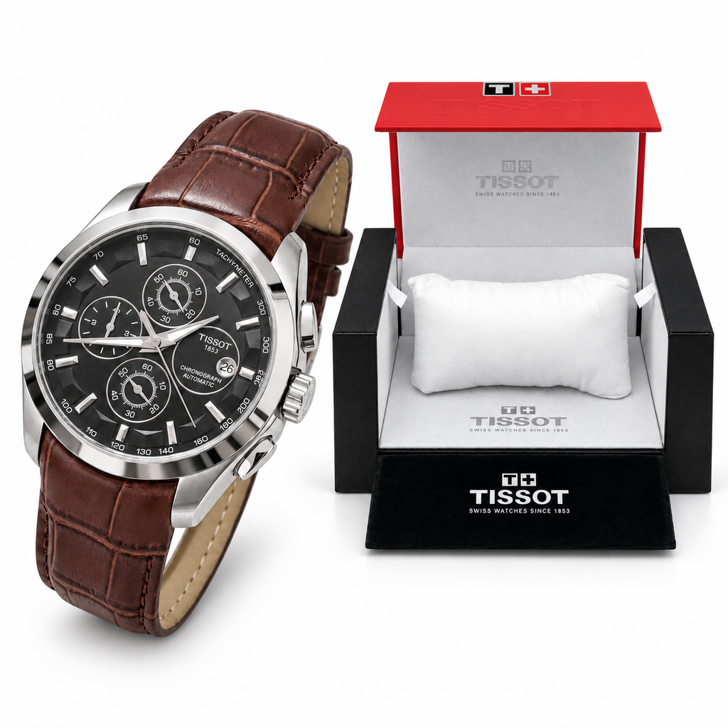 Silver case black dial brown strap watch with matching OG box