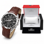 Silver case black dial brown strap watch with matching OG box