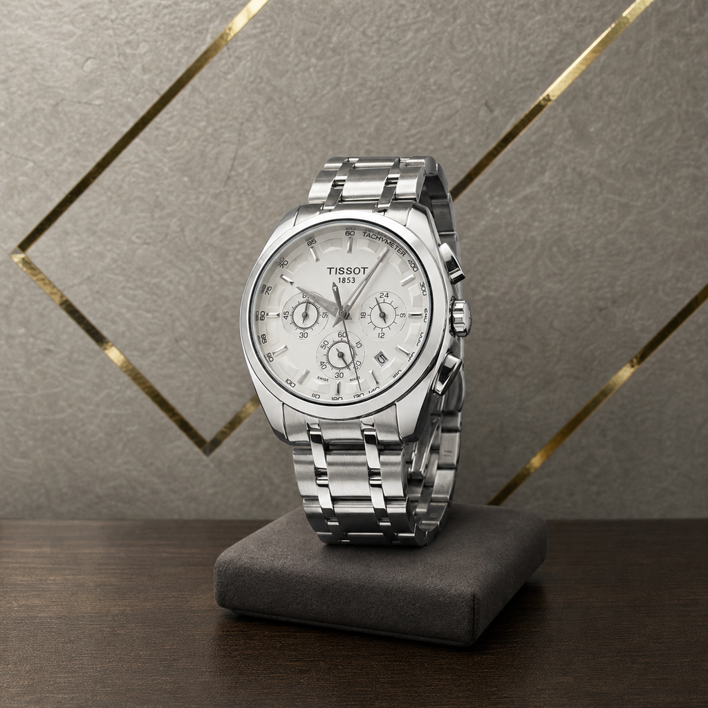 Tissot Couturier silver watch three-quarter view