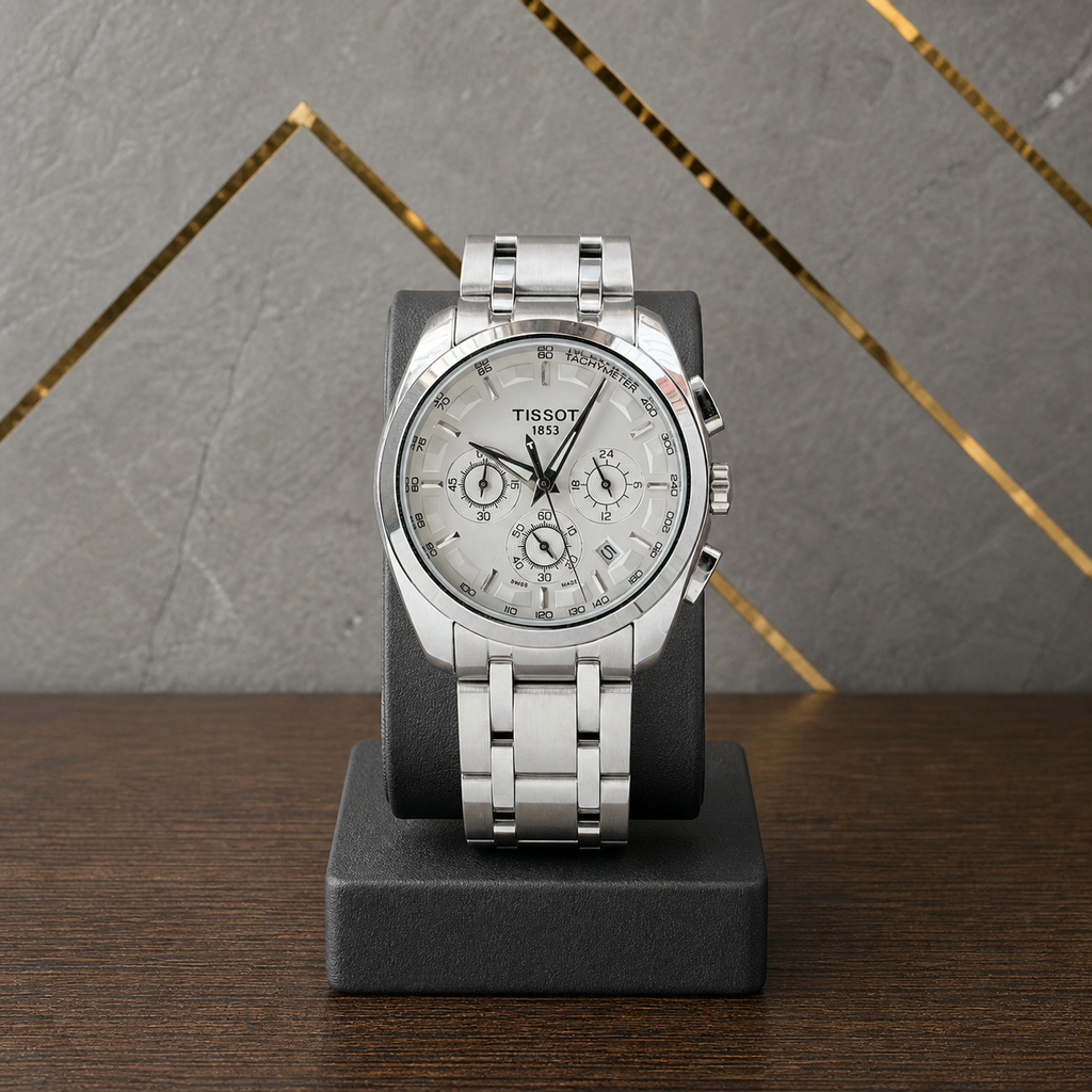 Tissot Couturier silver chronograph watch front view