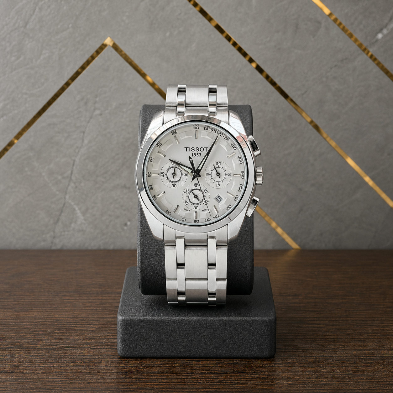 Tissot Couturier silver chronograph watch front view