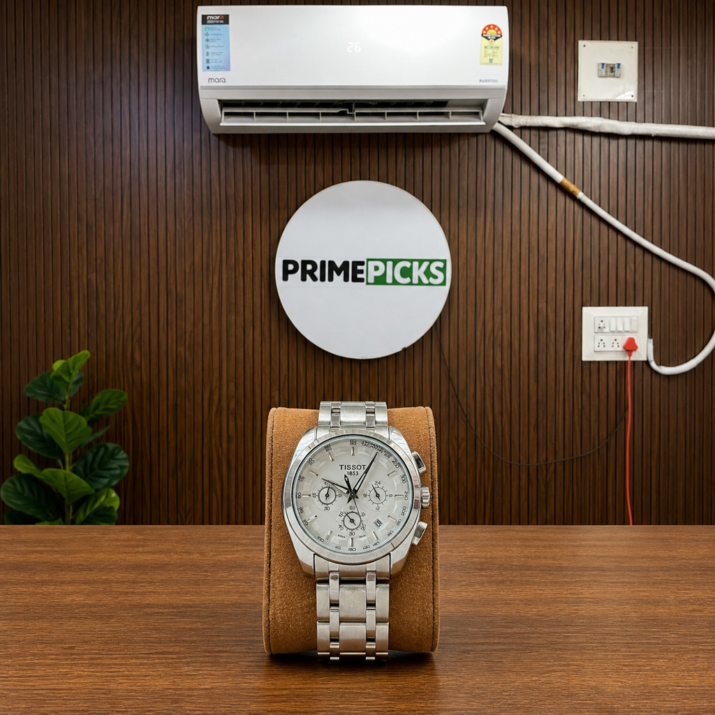 Tissot Couturier silver chronograph watch in Primepicks office