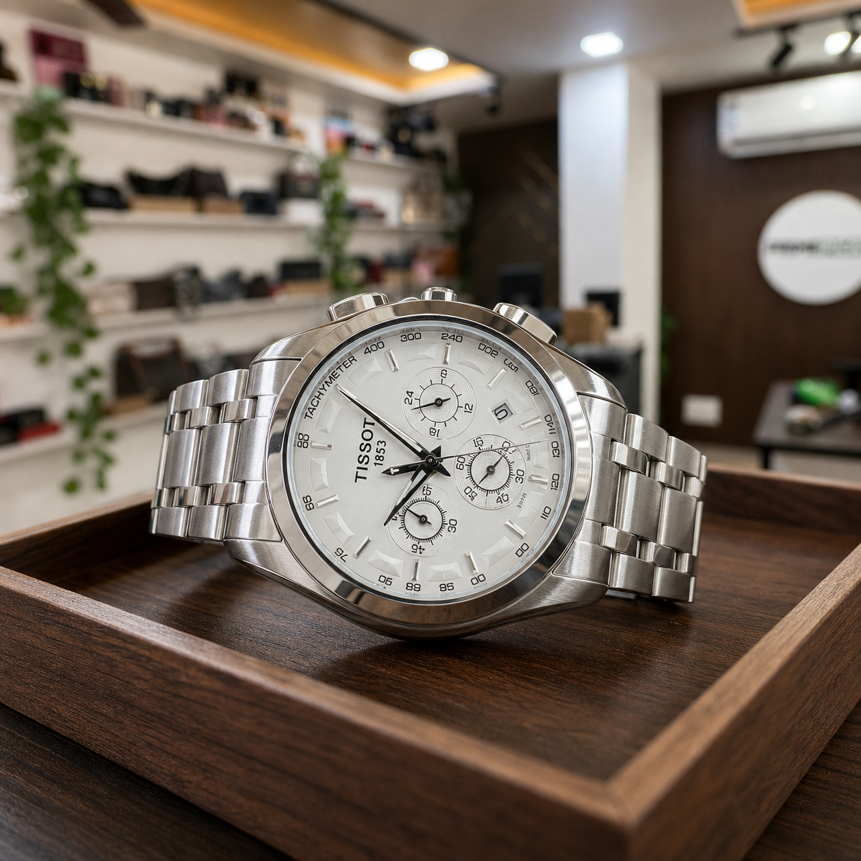 Tissot Couturier silver chronograph watch close-up