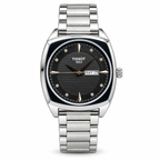 Tissot Gentleman day-date watch with black dial on white background