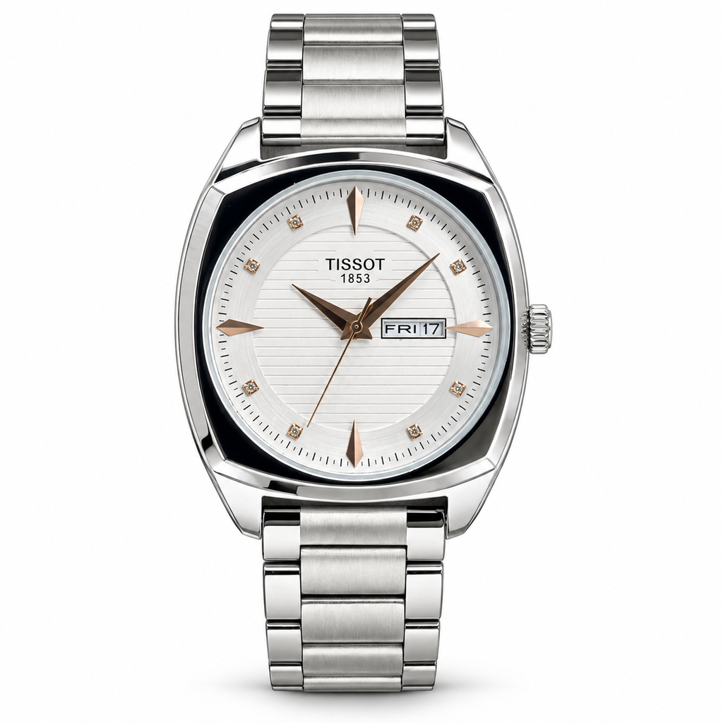Tissot Gentleman day-date watch with silver dial on white background