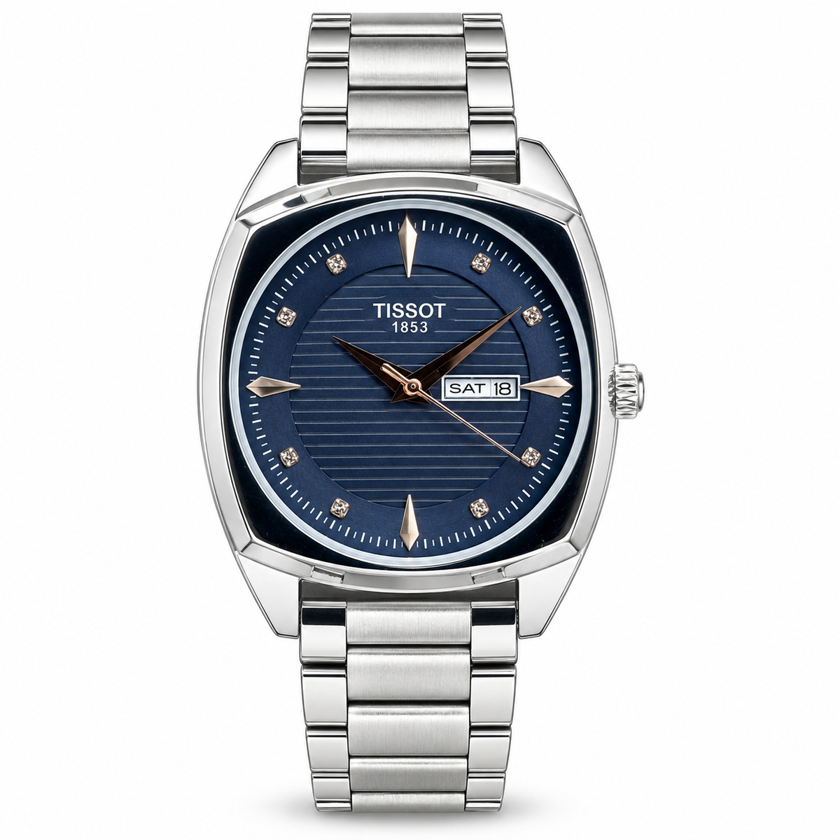 Tissot Gentleman day-date watch with blue dial on white background