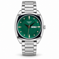 Tissot Gentleman day-date watch with green dial on white background