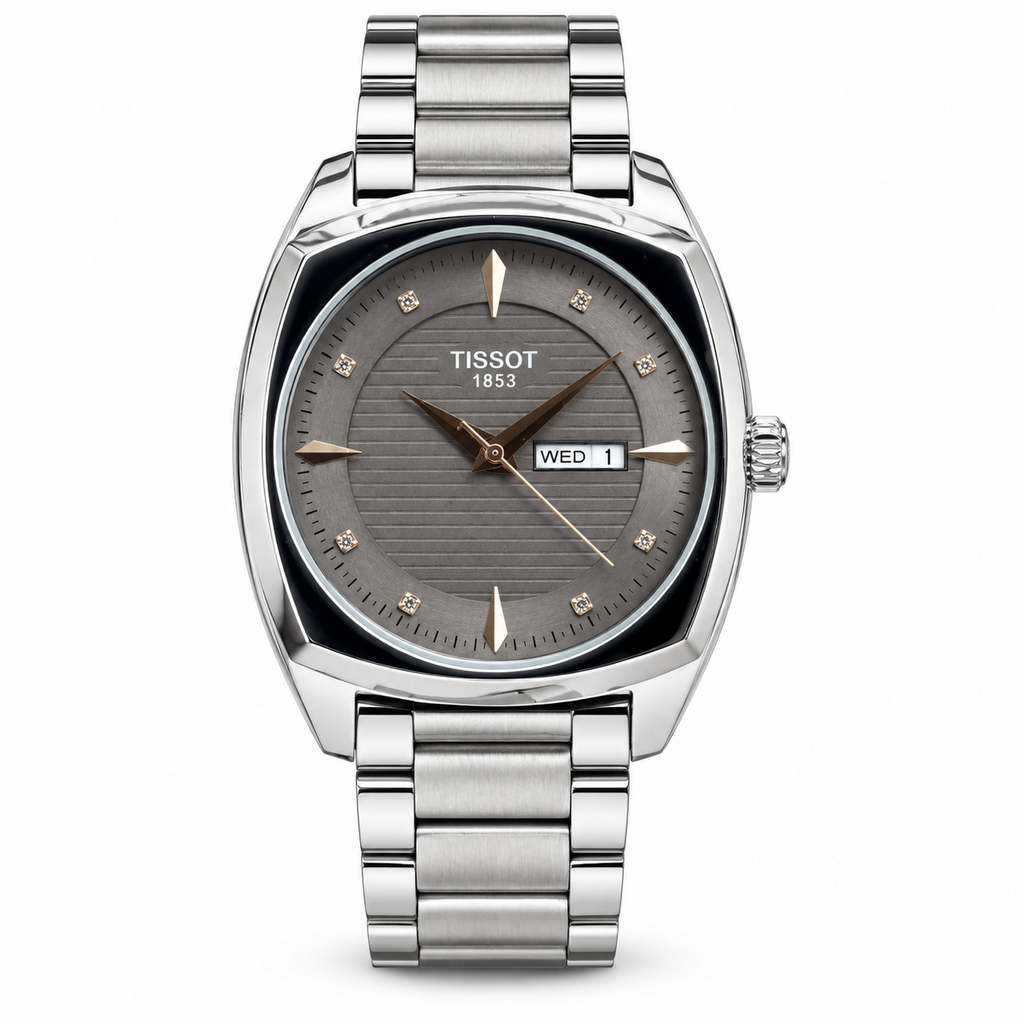 Tissot Gentleman day-date watch with grey dial on white background