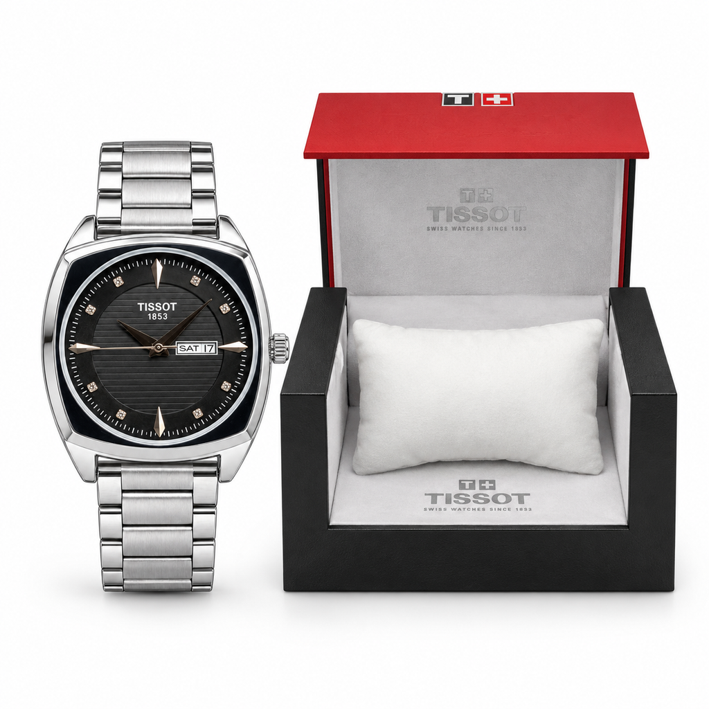 Tissot Gentleman black dial watch with matching Tissot presentation box on white