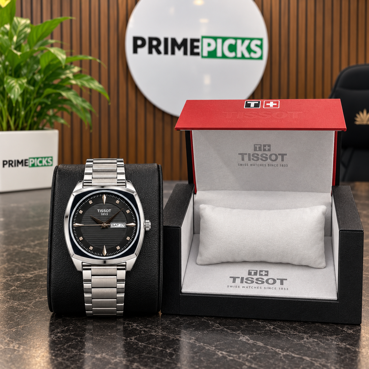 Tissot Gentleman black dial watch with matching Tissot presentation box in the PrimePicks office