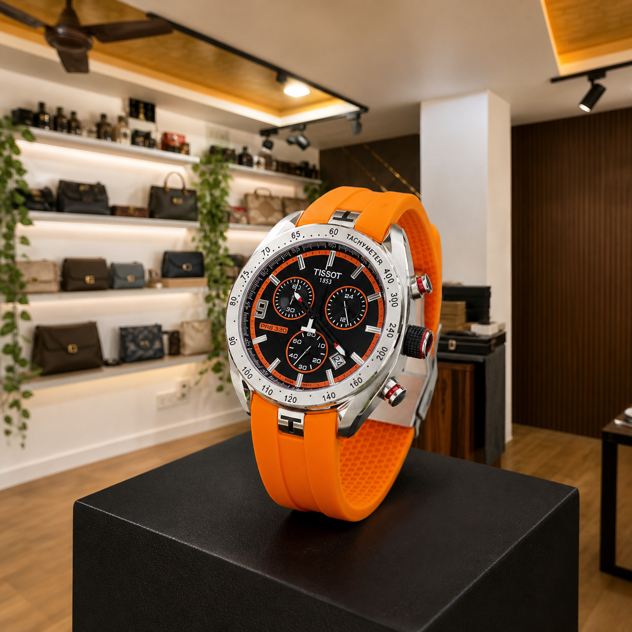 Tissot PRS 330 Tony Parker watch displayed upright in the full Primepicks office interior