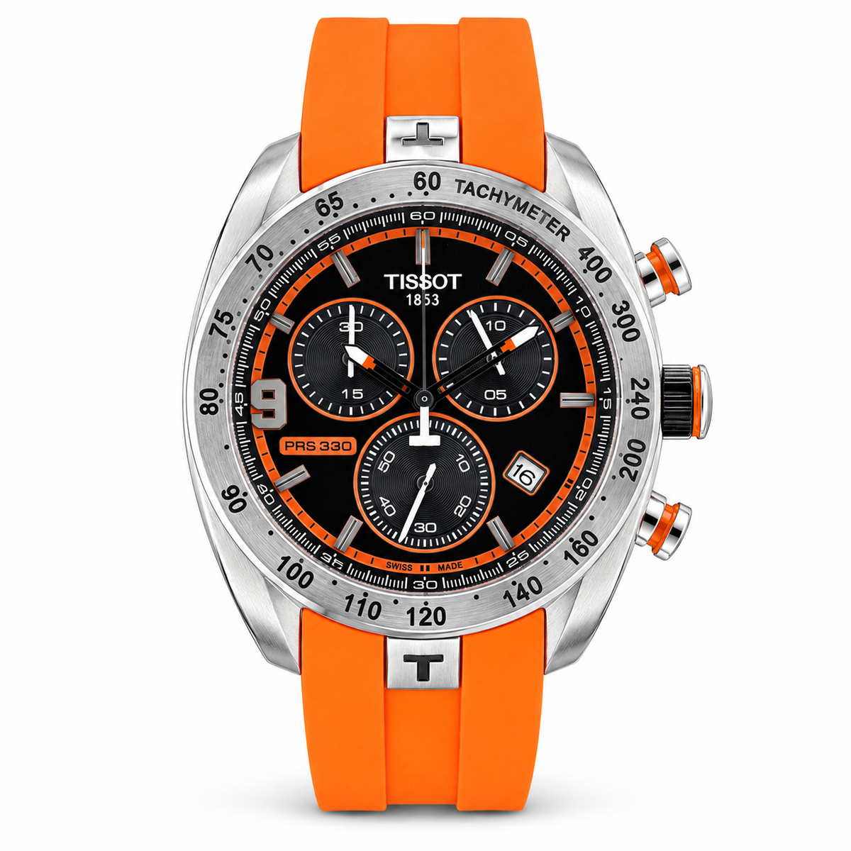 Tissot PRS 330 Tony Parker orange strap watch on white background