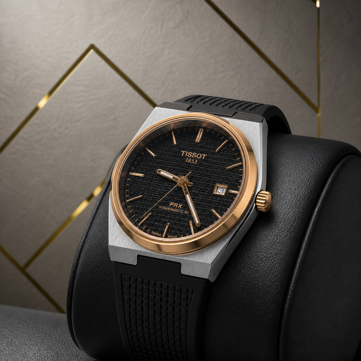 Close-up of Tissot PRX men’s watch black textured dial and rose gold-tone details in the Primepicks office