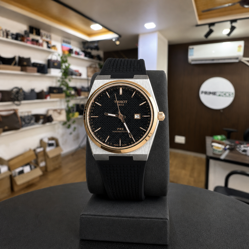 Tissot PRX men’s watch with black strap displayed in the full Primepicks office interior
