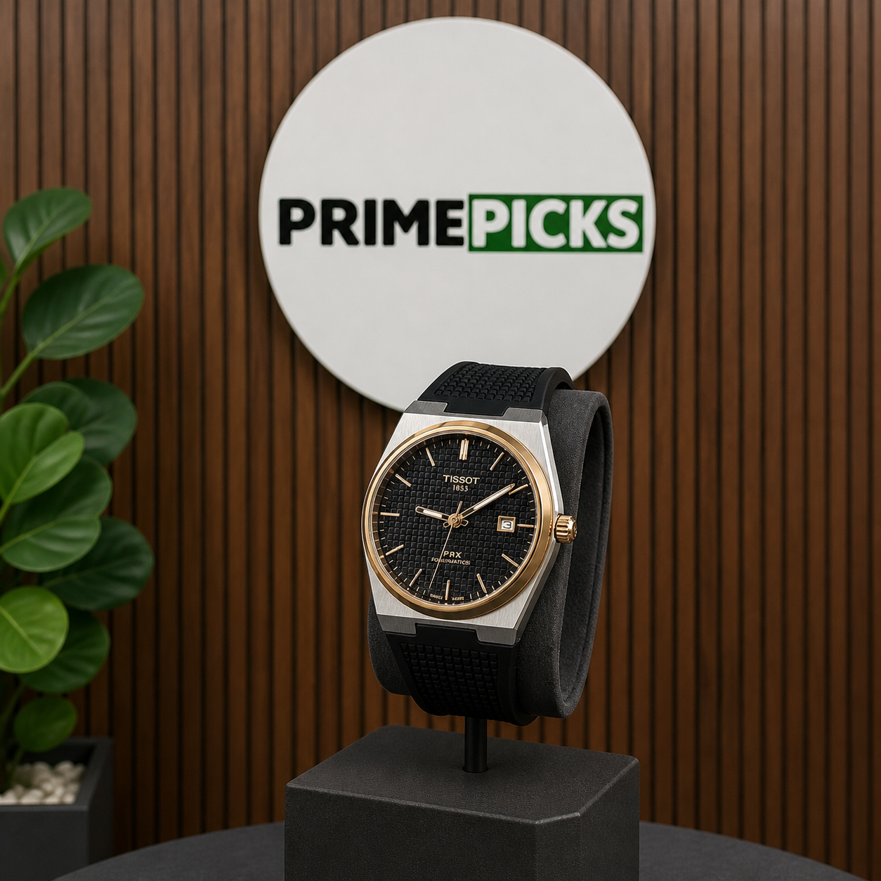 Tissot PRX men’s watch with black textured dial and rose gold-tone bezel beside the complete PRIMEPICKS logo board