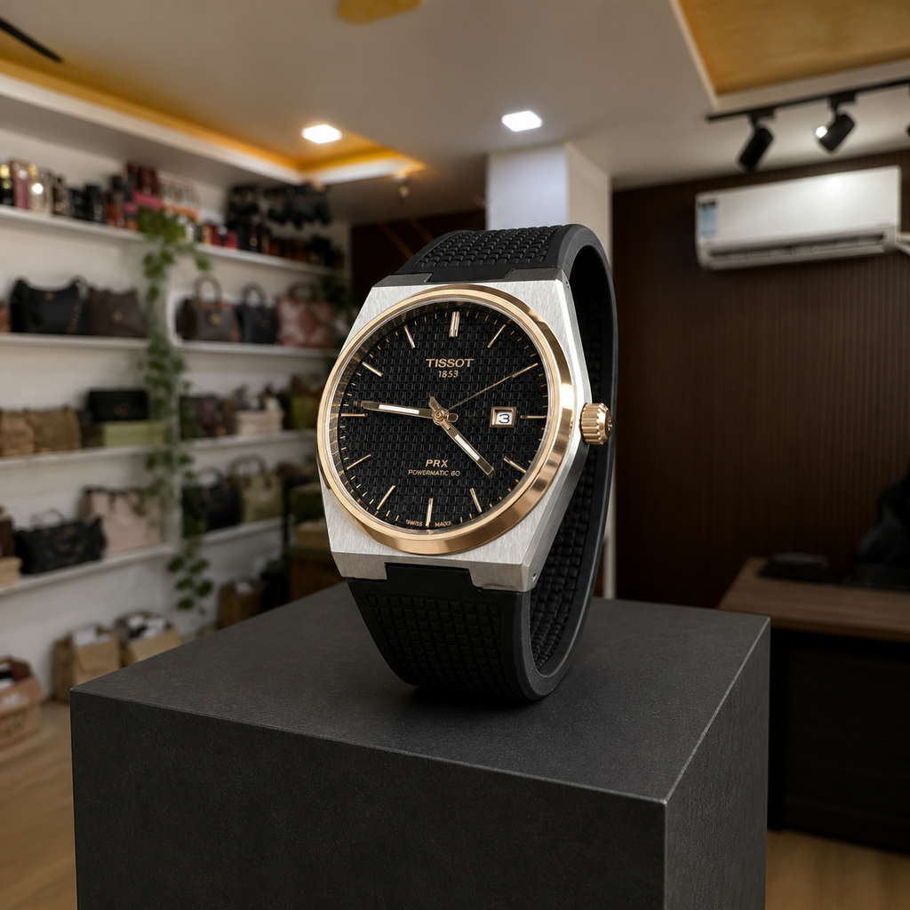 Three-quarter view of Tissot PRX men’s watch with black textured strap in the Primepicks office