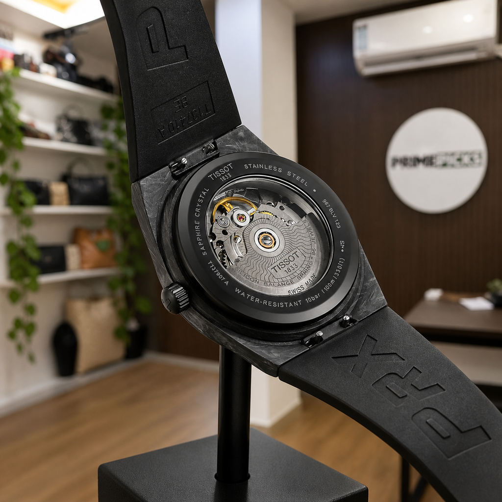Tissot PRX Powermatic 80 Carbon Black automatic watch exhibition caseback detail