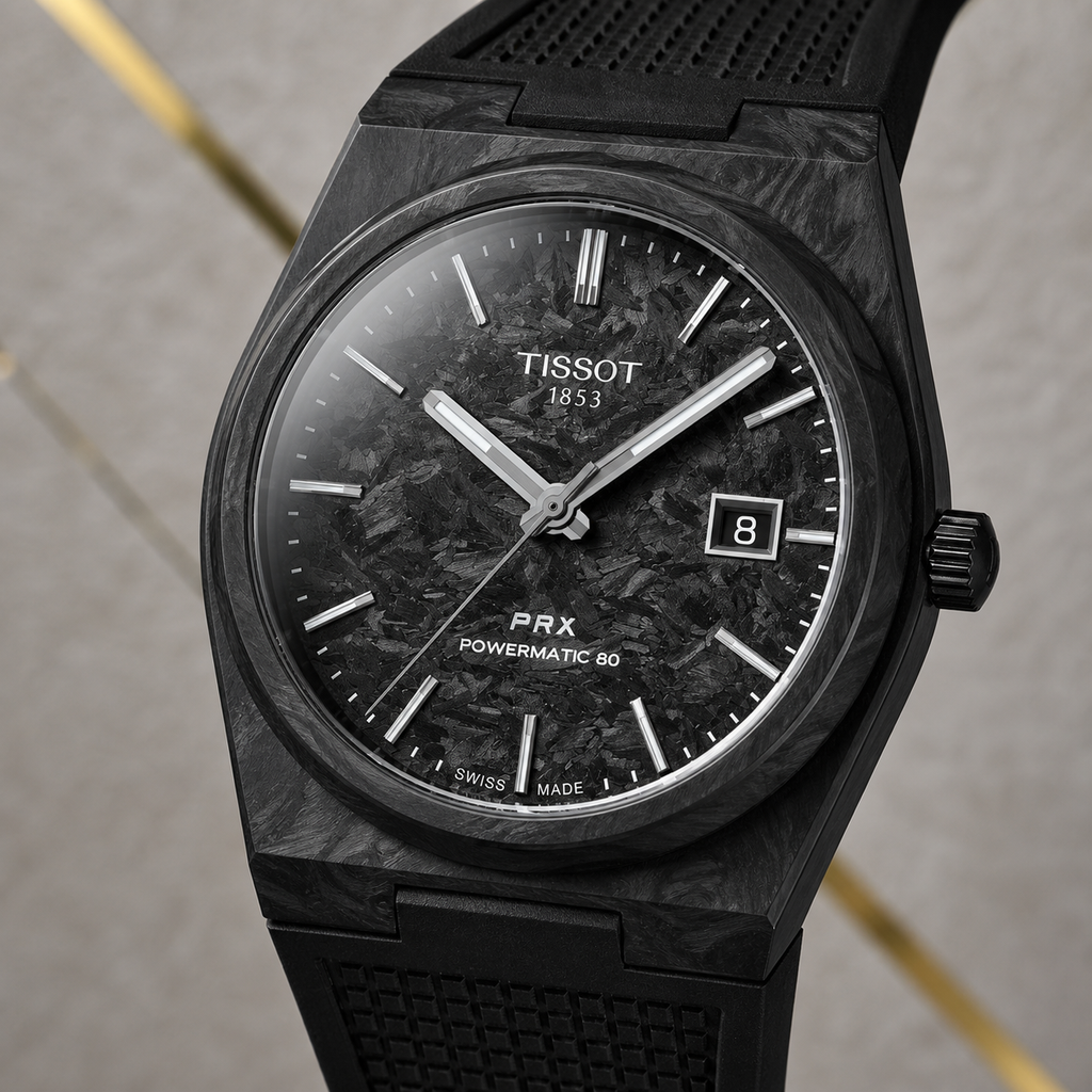 Tissot PRX Powermatic 80 Carbon Black watch carbon-pattern dial and date detail