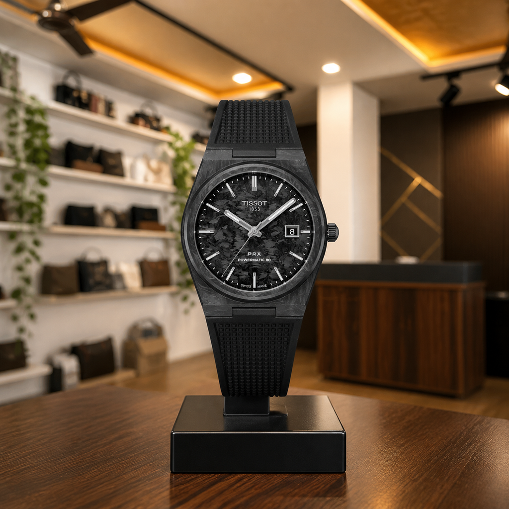 Tissot PRX Powermatic 80 Carbon Black automatic watch front view in PRIMEPICKS showroom