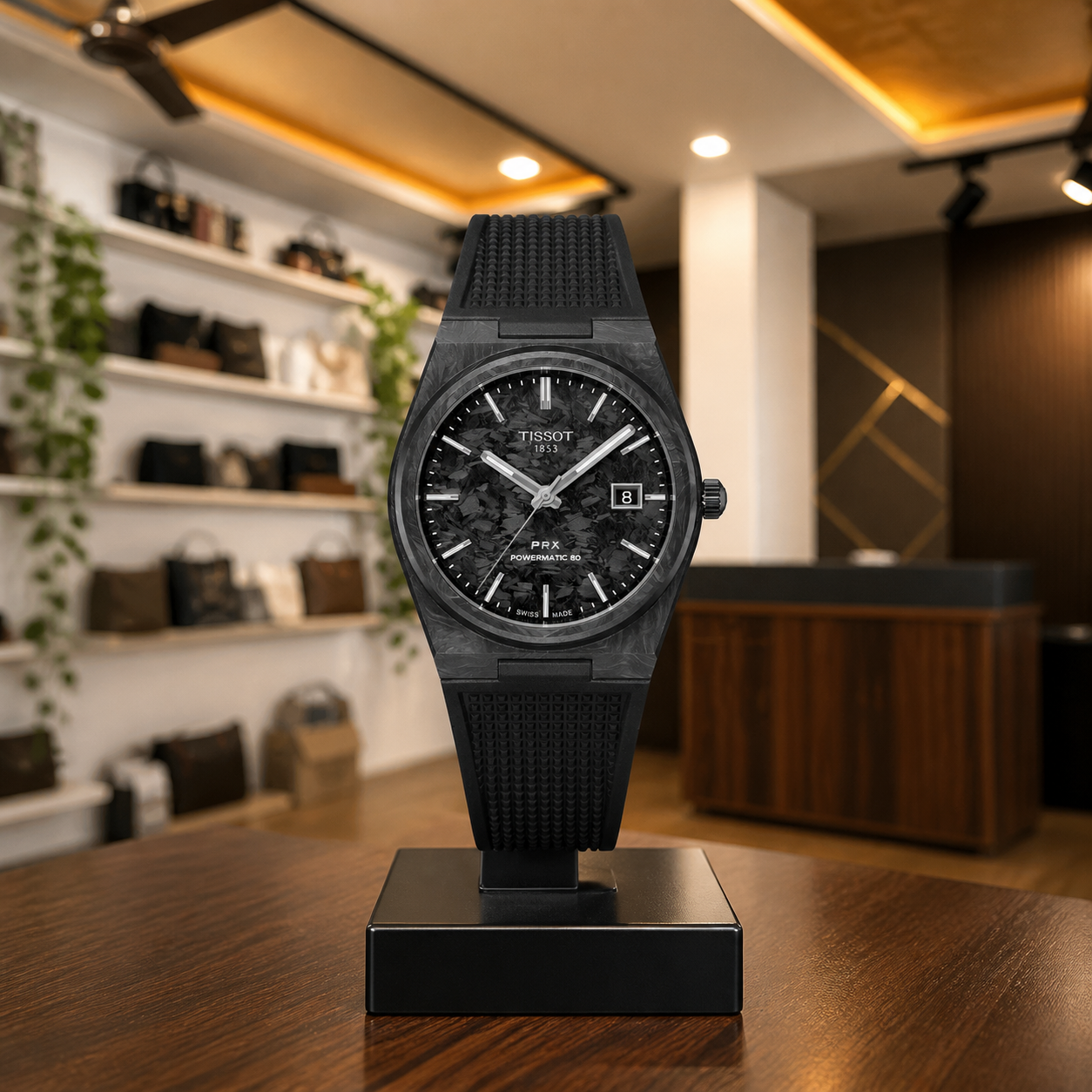 Tissot PRX Powermatic 80 Carbon Black automatic watch front view in PRIMEPICKS showroom