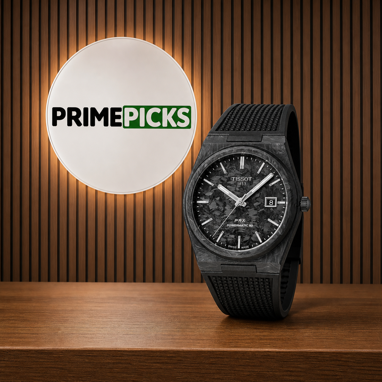 Tissot PRX Powermatic 80 Carbon Black automatic men’s watch with PRIMEPICKS office logo