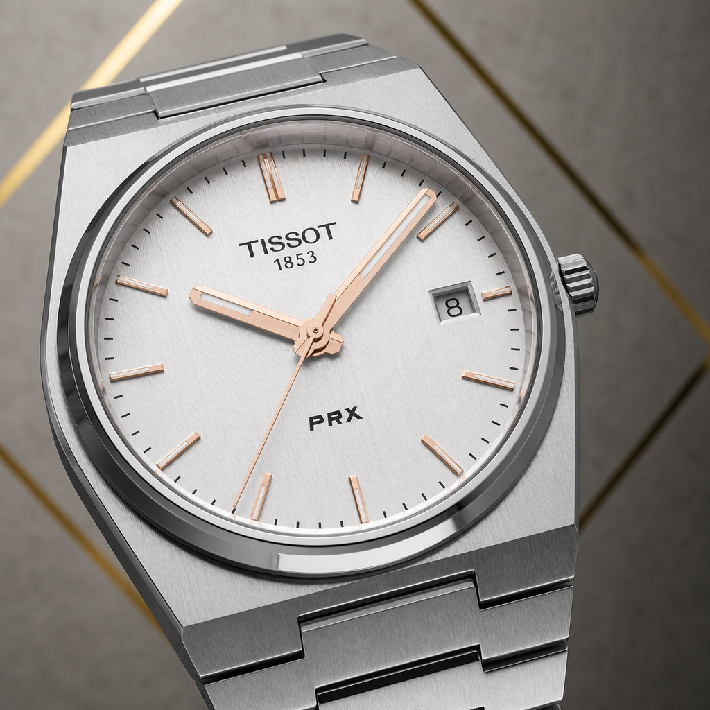 Tissot PRX watch silver dial, rose-gold-tone markers and date detail