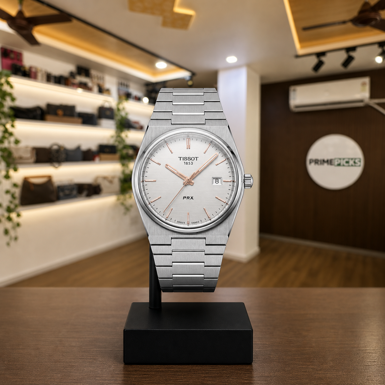 Tissot PRX 40mm silver dial watch front view in PRIMEPICKS showroom