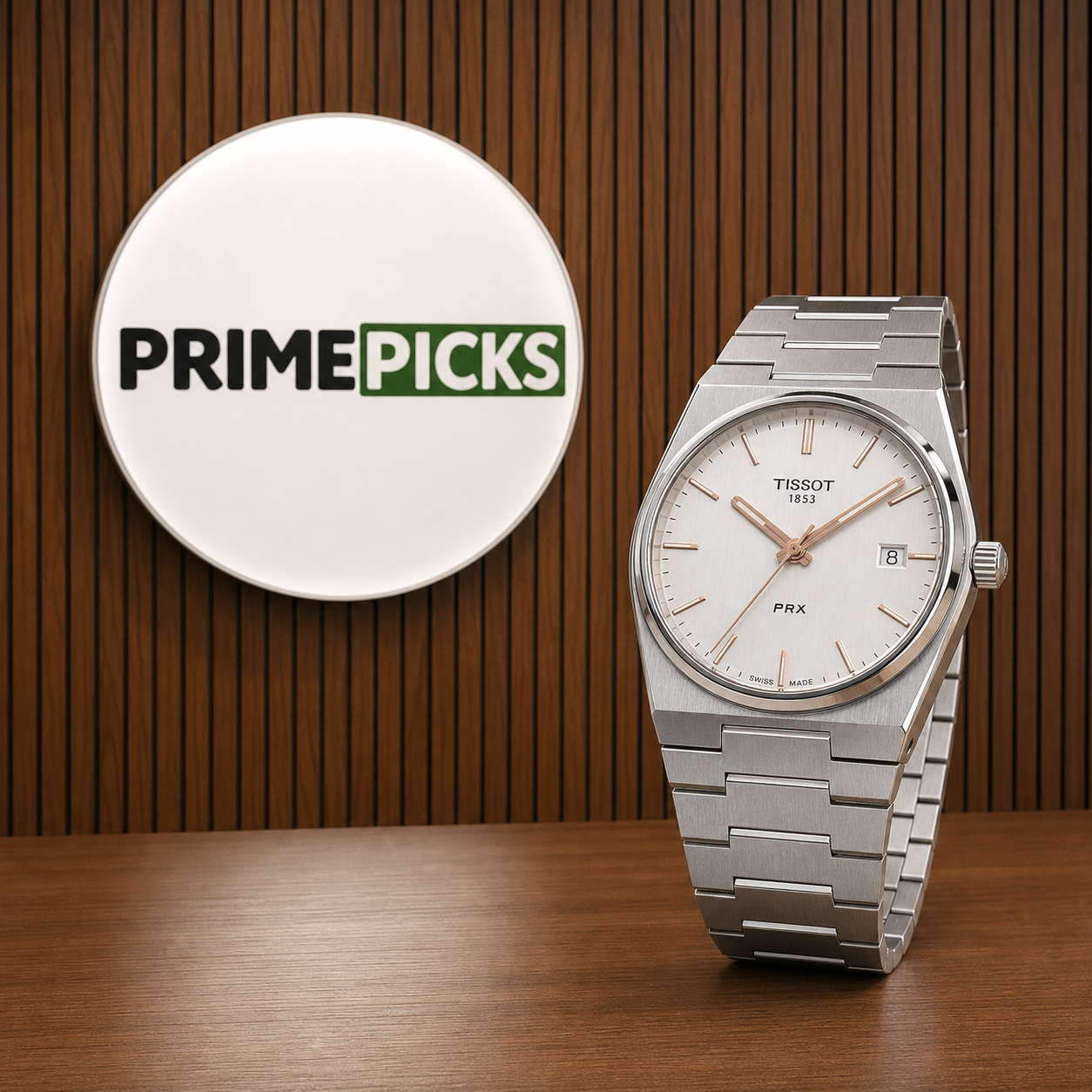 Tissot PRX 40mm silver dial men’s watch with PRIMEPICKS office logo