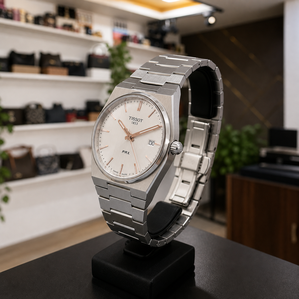 Tissot PRX silver watch slim case and integrated stainless-steel bracelet detail